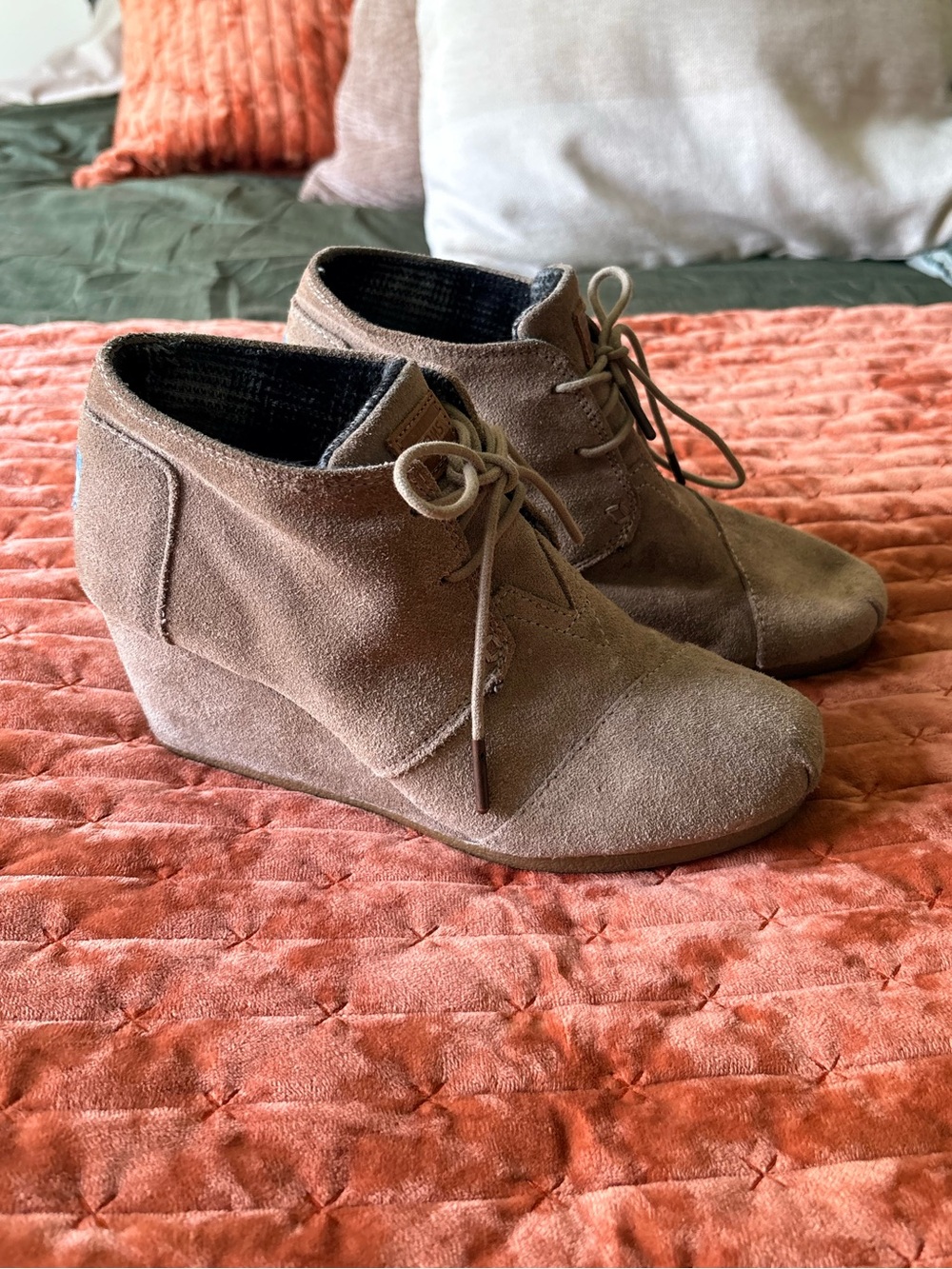 Toms Taupe Suede Lace-Up Wedge Booties